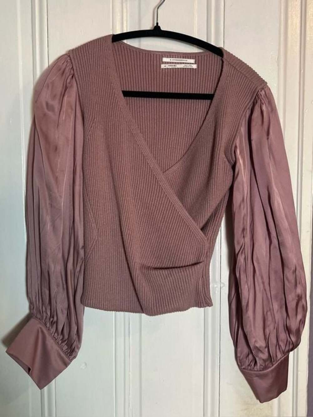 Anthropologie Mauve Ribbed Wrap Top with Pleated Satin Sleeves